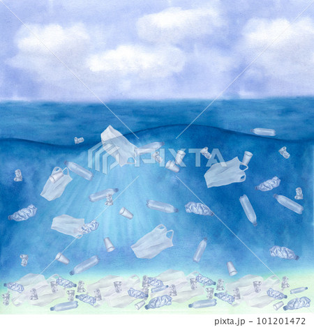 Plastic waste floats in the ocean. Environmental marine pollution. Ecological problem. Hand-drawn watercolor illustration. Underwater background Plastic waste floats in the ocean. Environmental marine pollution. Ecological problem. Hand-drawn watercolor illustration. Underwater background 101201472