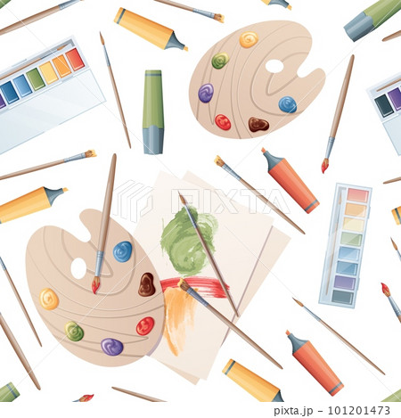 Seamless background with artist's tools. Texture with palette, paints, brushes. Back to school. Great for textiles, wallpapers, paper, prints Seamless background with artist's tools. Texture with palette, paints, brushes. Back to school. Great for textiles, wallpapers, paper, prints 101201473