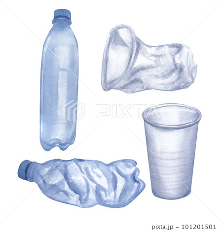 Plastic trash. Disposable blue transparent bottles and cups. Hand-drawn watercolor illustration isolated on white background. For ecology posters Plastic trash. Disposable blue transparent bottles and cups. Hand-drawn watercolor illustration isolated on white background. For ecology posters 101201501