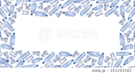 Banner with plastic trash. Disposable blue transparent bottles and cups. Hand-drawn watercolor illustration isolated on white background. Ecology 101201502
