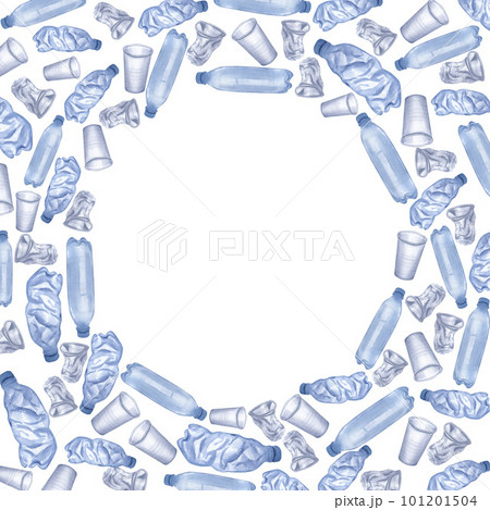 Frame with plastic trash. Disposable blue transparent bottles and cups. Hand-drawn watercolor illustration isolated on white background. Ecology 101201504