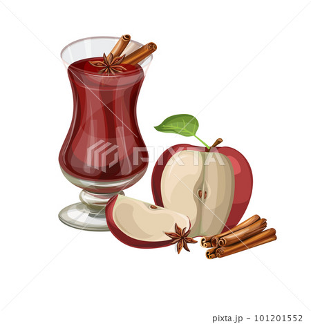 Vector red apple with a glass of mulled wine cinnamon and bayan, a collection of cut still lifes, a sliced natural apple with a green leaf and a stem on a white background. Cartoon style.eps 10 101201552