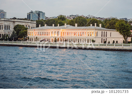 landscape scenery of Dolmabahce palacewith reflection, istanbul, turkey waterfront view from bosporus landscape scenery of Dolmabahce palacewith reflection, istanbul, turkey waterfront view from bosporus 101201735