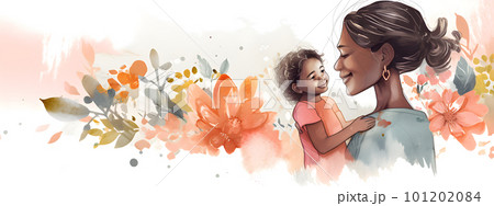 Mothers Day banner with POC mother and her child 101202084