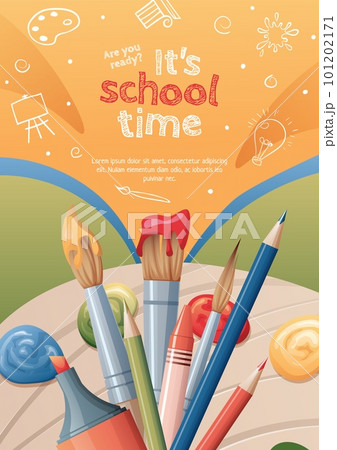 Back to school poster with school items and elements. Colorful background with brushes, paints and palette. Flyer banner, postcard for the new school year. 101202171