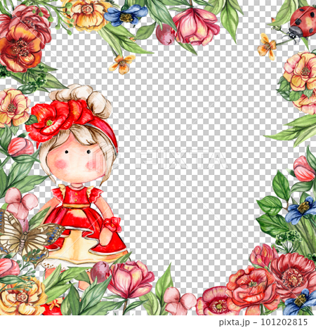 Watercolor square flower frame in cartoon style with a cute girl doll in a dress. Cartoon hand drawn background with flower princess and yellow flowers for kids design. Perfect for wedding invitation. 101202815