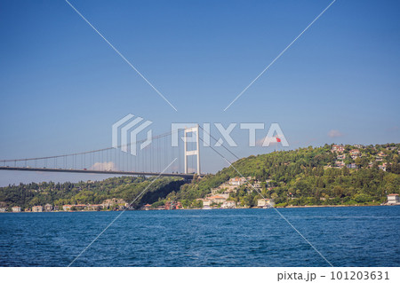 Turkey, Istanbul, houses below Fatih Sultan Mehmet Bridge on Bosphorus Strait Turkey, Istanbul, houses below Fatih Sultan Mehmet Bridge on Bosphorus Strait 101203631
