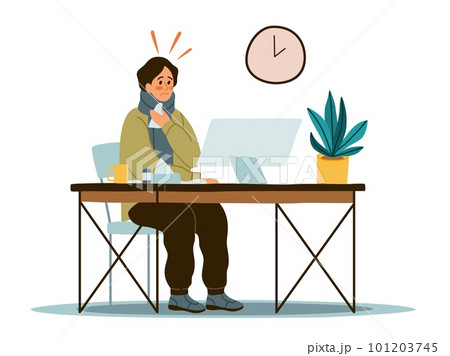 Young guy worker sitting in office at computer with high fever and sick with cold. Sick man at workplace, sneezing person, weakness and headache. Cartoon flat illustration. Vector concept 101203745
