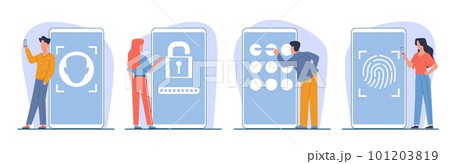 Men and women protect information on smartphones with passwords and codes. Fingerprint, face ID, digital and graphic sign. Verification and authentication cartoon flat illustration. Vector set 101203819