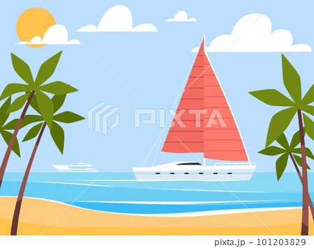 Luxurious yacht stands by beach with palm trees. Tropical resort, summertime vacation ocean panorama, seashore holiday landscape. Yachting scene. Cartoon flat illustration. Vector concept 101203829