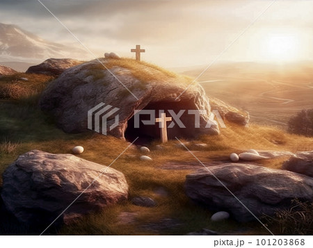 An empty tomb with cross on a hill at dawn. Easter and Good Friday concept An empty tomb with cross on a hill at dawn. Easter and Good Friday concept 101203868