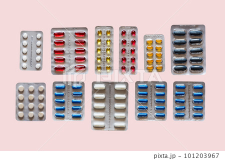 Set of blisters of colorful pills on a isolated background Set of blisters of colorful pills on a isolated background 101203967