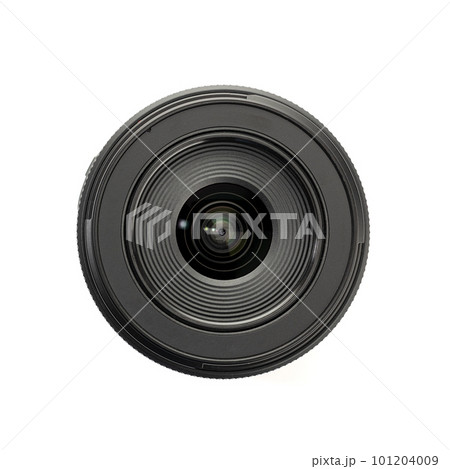 Front view of a modern photo camera lens isolated on white background. Camera eye 101204009