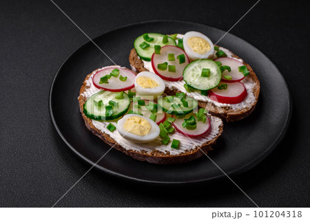 Delicious sandwich or bruschetta with cream cheese radish and green onions 101204318
