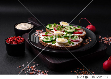 Delicious sandwich or bruschetta with cream cheese radish and green onions 101204325