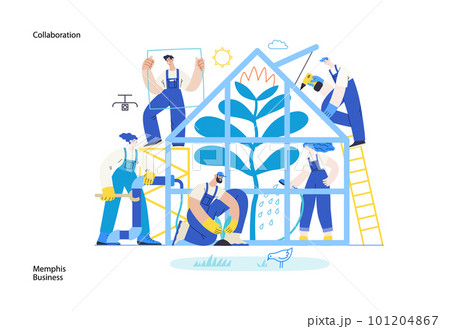 Memphis business illustration. Collaboration -modern flat vector concept illustration, team, people working together in greenhouse, constructing, watering, planting. Corporate teamwork metaphor. Memphis business illustration. Collaboration -modern flat vector concept illustration, team, people working together in greenhouse, constructing, watering, planting. Corporate teamwork metaphor. 101204867