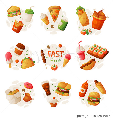 Fast Food Lunch with Cooked Hamburger, Soda and Chinese Noodles Vector Composition Set Fast Food Lunch with Cooked Hamburger, Soda and Chinese Noodles Vector Composition Set 101204967