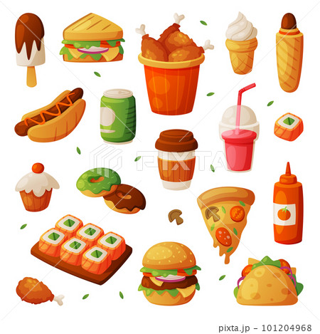 Fast Food Lunch with Cooked Hamburger, Hot Dog, Maki and Deep Fried Chicken Leg Vector Set Fast Food Lunch with Cooked Hamburger, Hot Dog, Maki and Deep Fried Chicken Leg Vector Set 101204968