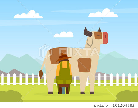 Back view of male farmer milking cow on farm cartoon vector 101204983