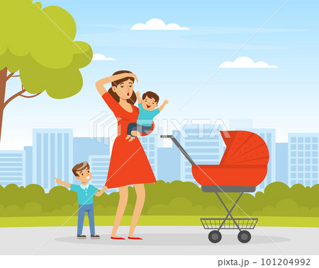 Tired Woman Mother Walking in the Park with Little Children and Baby Carriage Vector Illustration Tired Woman Mother Walking in the Park with Little Children and Baby Carriage Vector Illustration 101204992