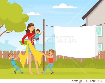 Tired Woman Mother Holding Basket with Laundry and Naughty Children Pulling Bedsheet Vector Illustration Tired Woman Mother Holding Basket with Laundry and Naughty Children Pulling Bedsheet Vector Illustration 101204997