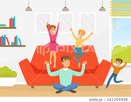 Tired Man Dad Sitting in Yoga Pose with Naughty Children Jumping on Sofa Vector Illustration 101204998