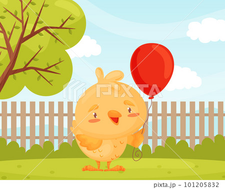 Cute Yellow Chicken Holding Red Toy Balloon Vector Illustration Cute Yellow Chicken Holding Red Toy Balloon Vector Illustration 101205832
