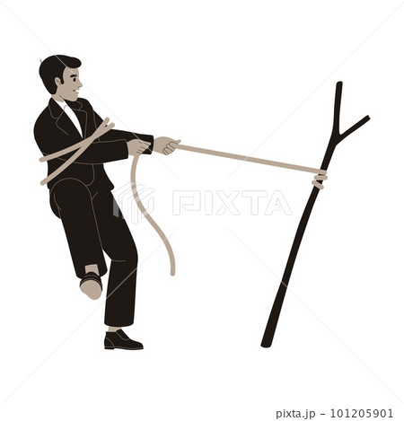 Man Office Employee in Black Suit with Rope Pulling Stick Vector Illustration 101205901