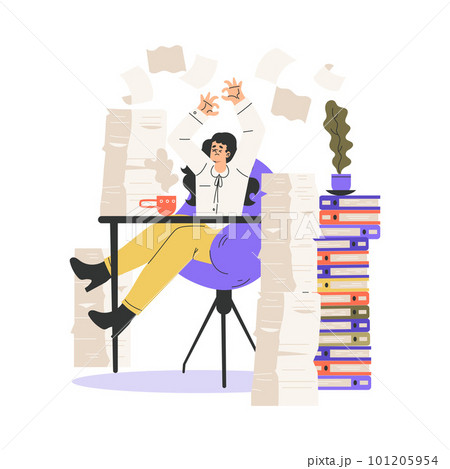 Office Bureaucracy with Woman Character Sitting at Desk with Loads of Paperwork Trying to Concentrate Vector Illustration 101205954
