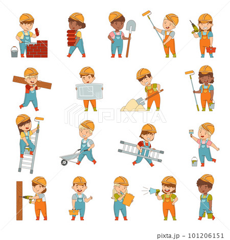 Little Builders Wearing Hard Hat and Overall Performing Work on Construction Site Big Vector Set 101206151