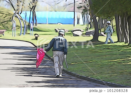 パステル調 ”ゴミ拾いする男性と散歩中の女性” イラストイメージゴミ拾いする男性と散歩中の女性 パステル調 ”ゴミ拾いする男性と散歩中の女性” イラストイメージゴミ拾いする男性と散歩中の女性 101208328