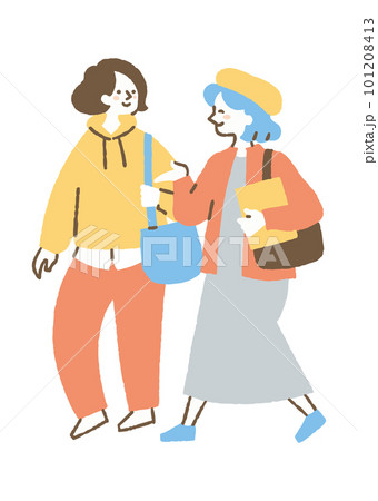 話しながら歩いている女子学生二人_色 101208413