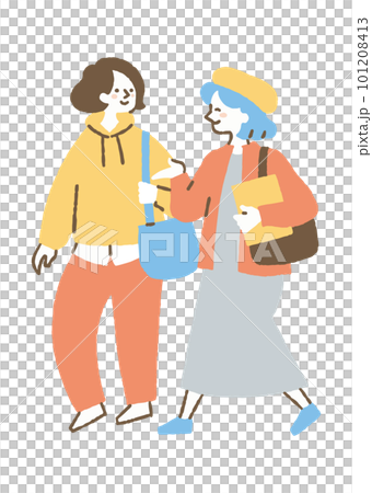 話しながら歩いている女子学生二人_色 101208413