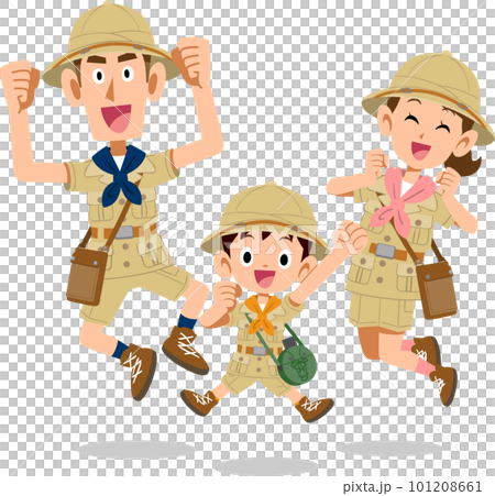 探検隊の服装でジャンプする家族 探検隊の服装でジャンプする家族 101208661