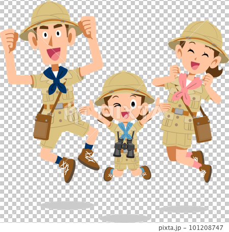 探検隊の服装でジャンプする家族 101208747