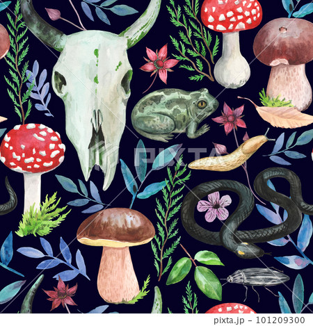 Watercolor forest magic pattern with amanita mushrooms, skull and wild animals, toads and snakes. Watercolor forest magic pattern with amanita mushrooms, skull and wild animals, toads and snakes. 101209300