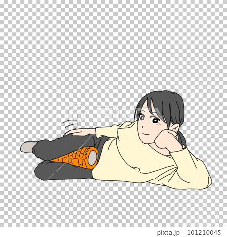 A woman relaxing her inner thighs with a foam roller A woman relaxing her inner thighs with a foam roller 101210045