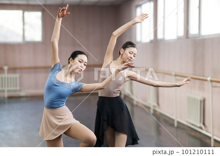 Two Asian ballerinas are dancing in the class. Two Asian ballerinas are dancing in the class. 101210111