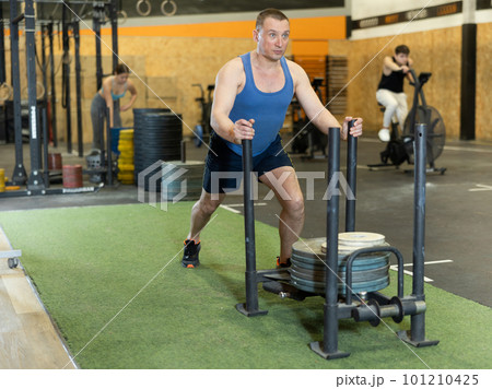 Concentrated man pushing heavy sled during intense training in gym Concentrated man pushing heavy sled during intense training in gym 101210425