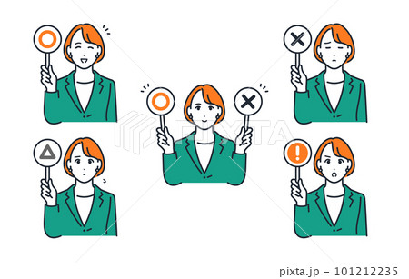 マルとバツの札を持つスーツを着た若い女性のシンプルなベクターイラストセット素材 101212235