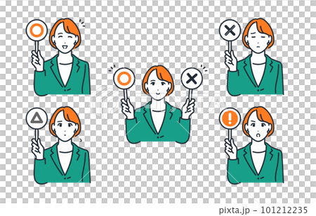 マルとバツの札を持つスーツを着た若い女性のシンプルなベクターイラストセット素材 101212235