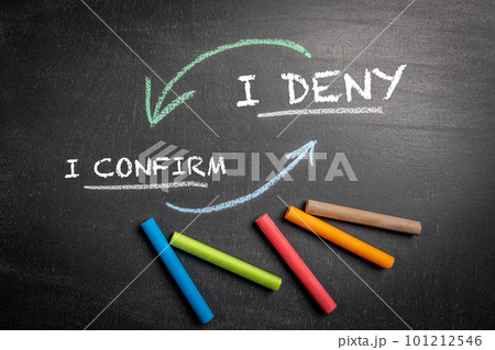 I CONFIRM and I DENY Concept. Dark chalkboard background I CONFIRM and I DENY Concept. Dark chalkboard background 101212546