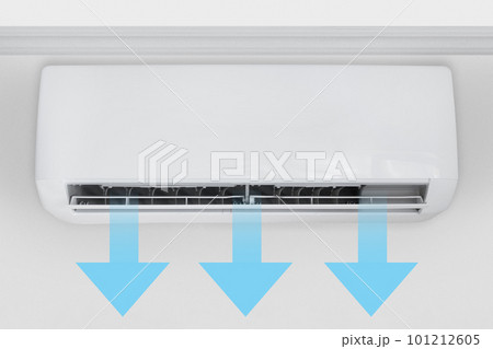 Wall-mounted split air conditioner in a room with cool air flow shown by arrows 101212605