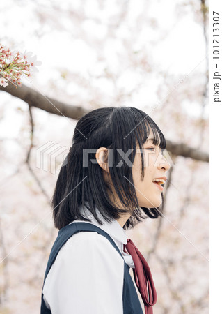 桜と制服の女子高生 101213307