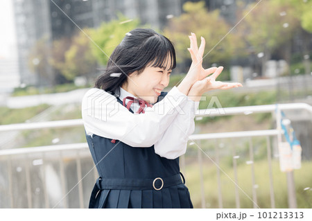 桜と制服の女子高生 101213313
