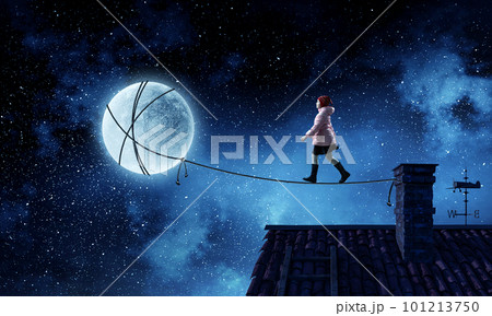 A little girl walks on a beautiful full moon night. 101213750