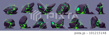 Cartoon set of cracked stones with green light 101215148