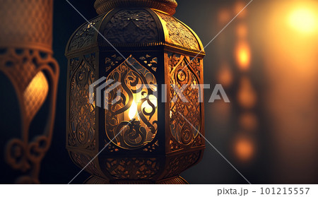 Traditional Arab holiday of Ramadan Kareem. Golden Arab lantern with burning candle and Muslim month on dark night background. Generative AI 101215557