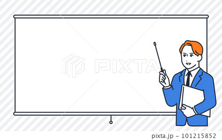 スクリーンの前で説明する若いビジネスマンのシンプルなベクターイラスト素材 101215852