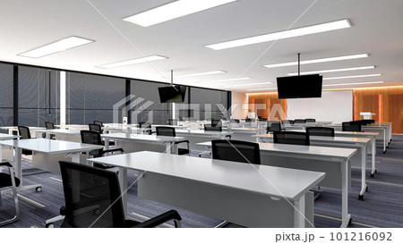 Interior of large modern office training room with large curved monitor screen for presentation and ceiling TV monitors, 3D rendering Interior of large modern office training room with large curved monitor screen for presentation and ceiling TV monitors, 3D rendering 101216092